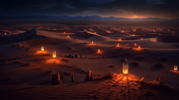 Scena di Ramadan nel deserto con lanterna di notte