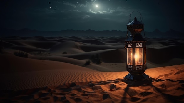 Scena di Ramadan nel deserto con lanterna di notte