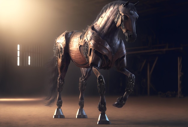 Scena di robot a cavallo a corpo intero epici piccoli occhi luminosi generativa ai