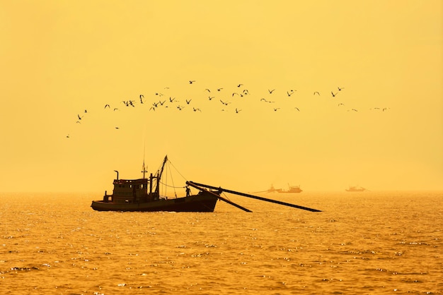 Scena di sagoma di barche da pesca sul mare con luce solare dorata al mattino