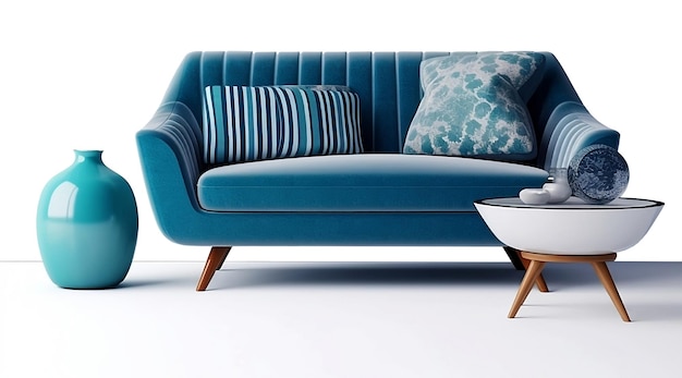 Scena di soggiorno in stile Mid-Century con divano blu