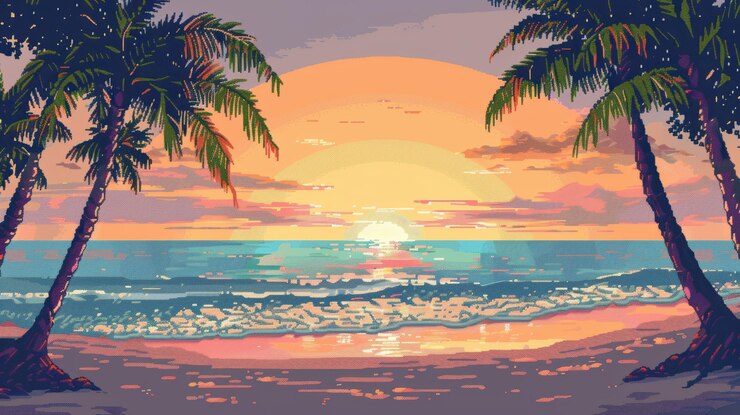 Foto scena di spiaggia al tramonto pixelata con palme per promozioni di viaggi tropicali