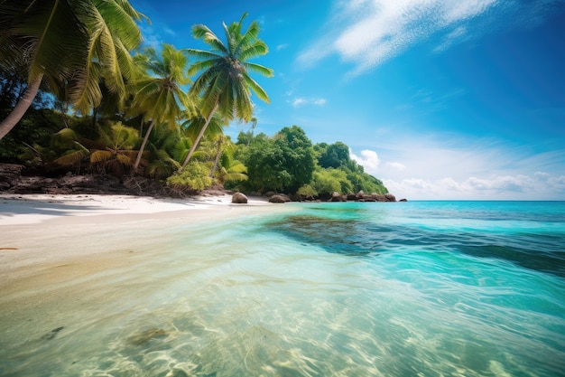 Scena di spiaggia tropicale con palme e acqua cristallina creata con intelligenza artificiale generativa