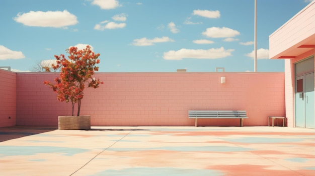 Scena di surrealismo rosa con un albero e una panchina