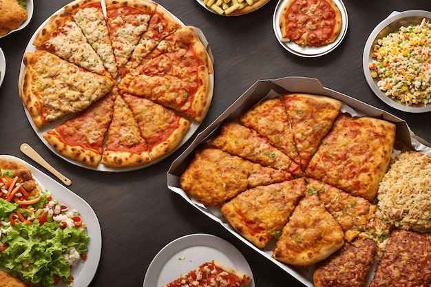 Scena di tavolo a buffet di cibo da asporto o da consegna Pizza hamburger pollo fritto e fianchi