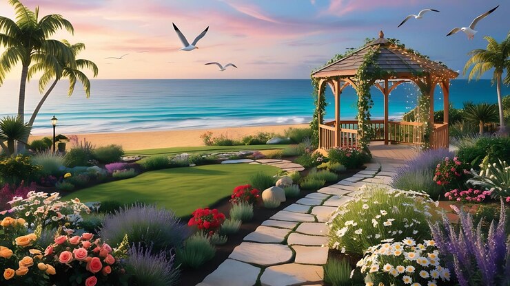 Scena di tramonto di un gazebo di spiaggia tropicale