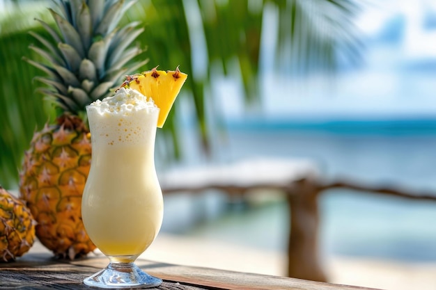 Scena di un bar sulla spiaggia tropicale Pina Colada di ananas fresco con guarnizione cremosa