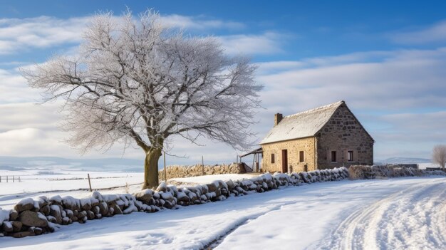 Scena di un cottage in pietra d'inverno