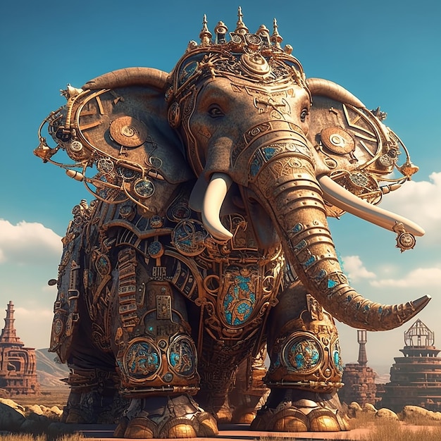 Scena di un elefante steampunk con un abito da guerra AI generativa