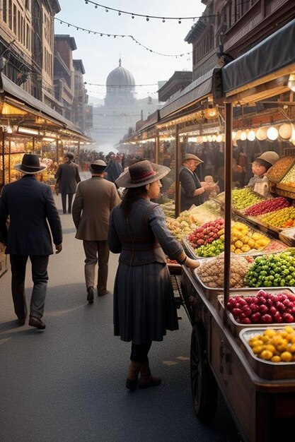 Scena di un mercato vivace con contrazioni a vapore e venditori