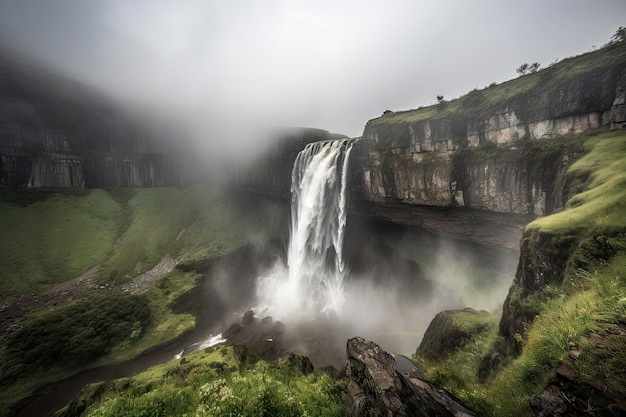 Scena drammatica della cascata con nuvole nel cielo e nebbia nell'aria creata con l'IA generativa