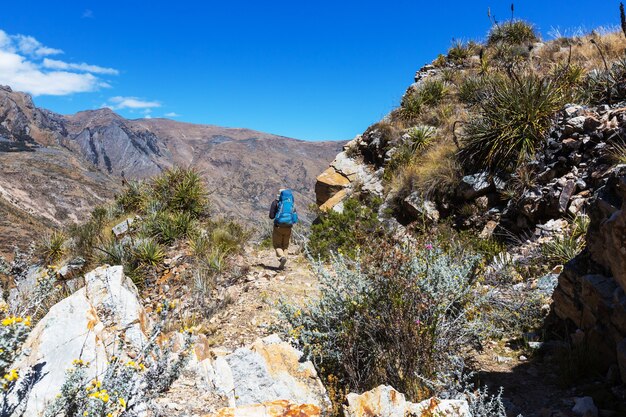 Scena escursionistica nelle montagne della Cordigliera, Perù