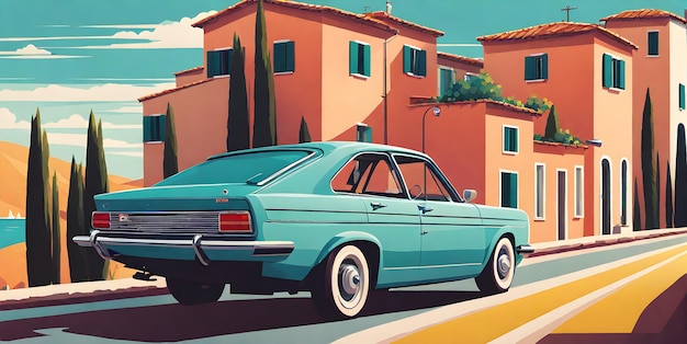 Scena estiva minimalista degli anni '80 in auto lungo la costa italiana