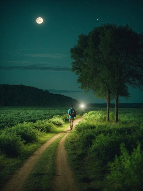 Scena fantastica di un paesaggio con stelle e luna distesi sul campo welpaper