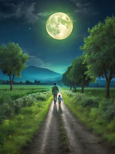 Scena fantastica di un paesaggio con stelle e luna distesi sul campo welpaper