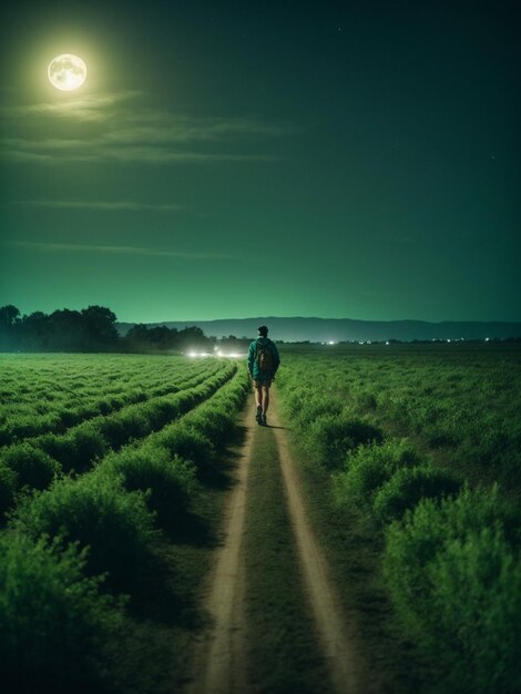 Scena fantastica di un paesaggio con stelle e luna distesi sul campo welpaper