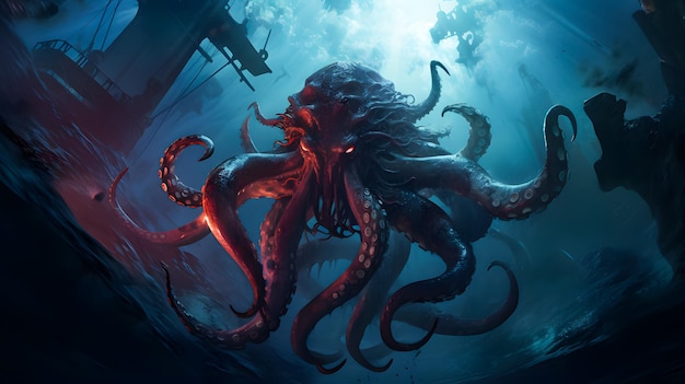 Scena fantasy con kraken di polpo gigante e nave in mare Rendering 3D del concetto horror