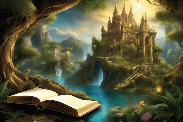 scena fantasy con un libro nella forestascena fantasy con un libro nella forestascena da favola con