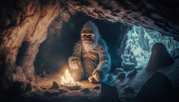 Scena fantasy con uno Yeti in una grotta Illustrazione dell'IA generativa