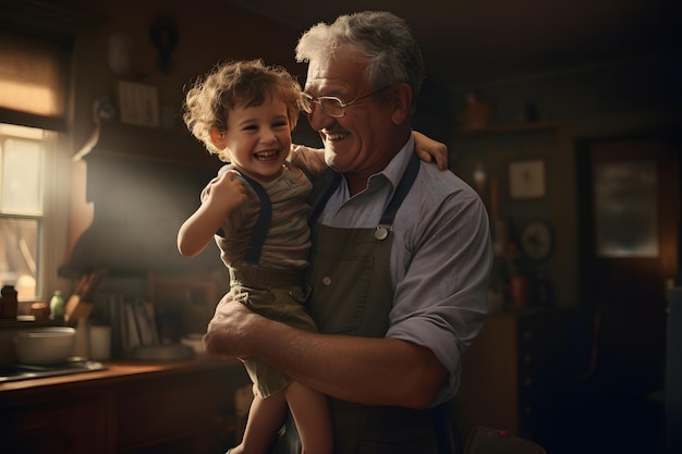 Scena felice di un vecchio nonno che tiene in braccio il nipote