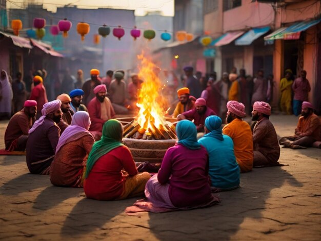 Scena festiva che celebra la festa di Lohri con un uomo e una donna a forma rotonda