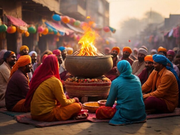 Scena festiva che celebra la festa di Lohri con un uomo e una donna a forma rotonda