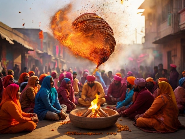 Scena festiva che celebra la festa di Lohri con un uomo e una donna a forma rotonda