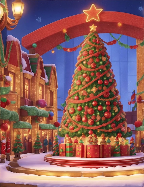 Scena festiva con un grande podio adornato con decorazioni colorate e luci festive