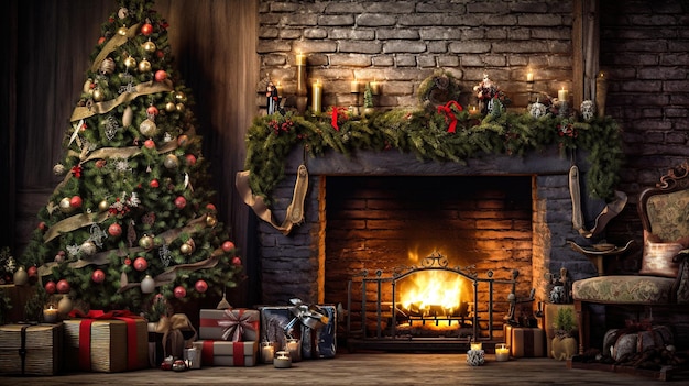 scena festiva delle vacanze di Natale con un camino caldo e un albero decorato e regali