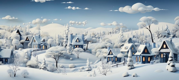 Scena festiva innevata con colline innevate un villaggio montuoso cervi boschi pini e renne sfondo naturale stagionale con altezze e abitazioni di volpi