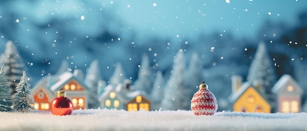 Scena festosa di Natale con decorazioni nella neve su sfondo bokeh sfocato e spazio per copiare i tuoi auguri di Natale