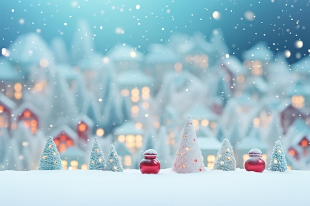 Scena festosa di Natale con decorazioni nella neve su sfondo bokeh sfocato e spazio per copiare i tuoi auguri di Natale