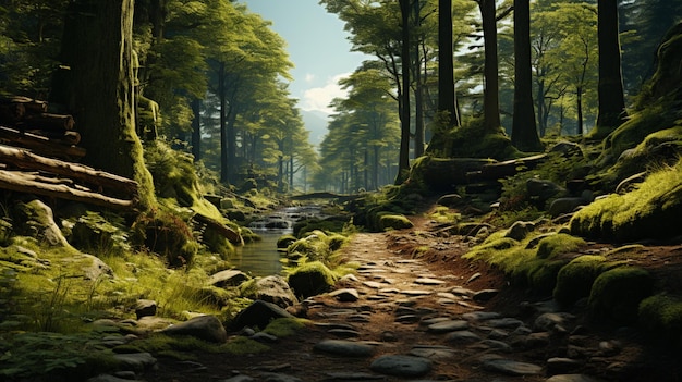 Scena forestale con sentiero escursionistico e molti alberi