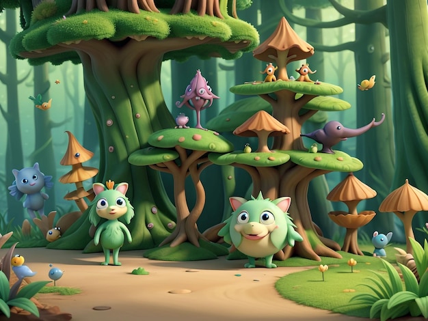 Scena forestale in animazione 3D con vari alberi forestali