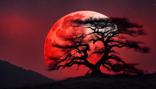 scena fotografica con il contorno di un vecchio albero contro un cielo rosso del crepuscolo