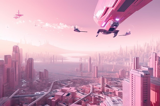 Scena futuristica rosa con navicella spaziale volante e paesaggio urbano dettagliato