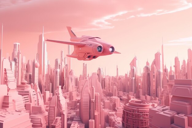 Scena futuristica rosa con navicella spaziale volante e paesaggio urbano dettagliato