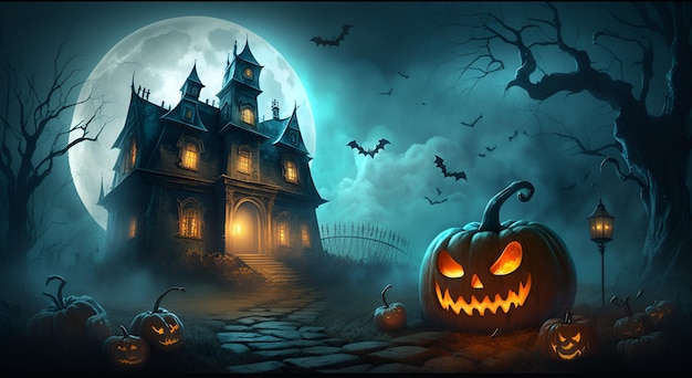Scena horror di Halloween sullo sfondo con spaventose zucche di Halloween spettrale villa infestata casa malvagia