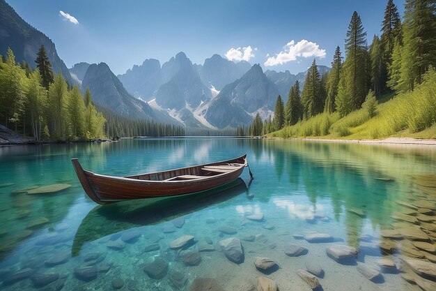 Scena idilliaca con una barca sul lago Crystal Clear