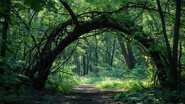 Scena idilliaca della foresta primaverile con un sentiero escursionistico