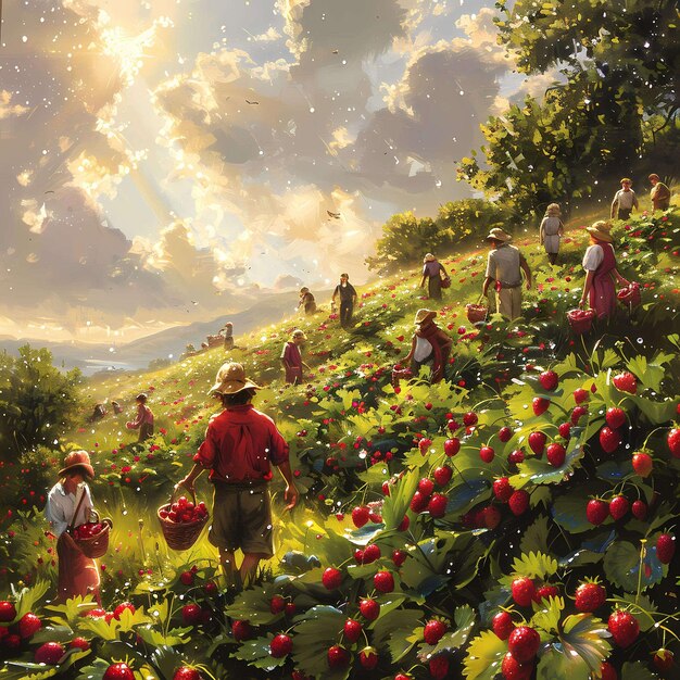 Scena idilliaca estiva di raccolta delle fragole con il caldo bagliore del tramonto