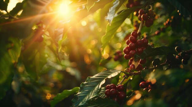 Scena illuminata dal sole con chicchi di caffè maturi sulla piantagione foto professionale a colori ricchi e luminosi