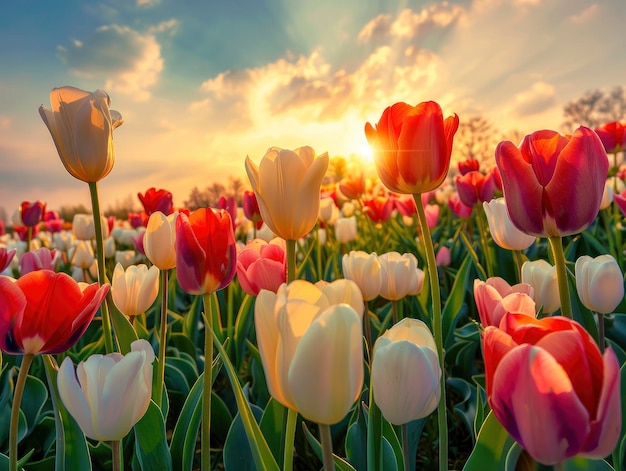 Scena illuminata dal sole con vista sul campo di tulipani con molti tulipani di colore brillante e ricco