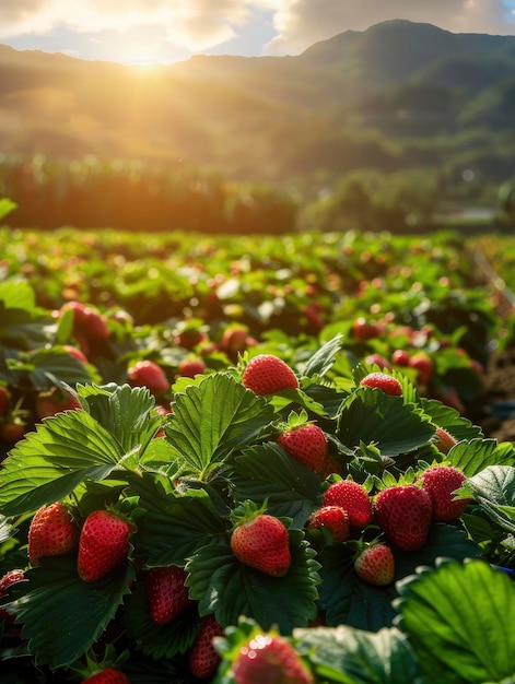 Scena illuminata dal sole con vista sulla piantagione di fragole con molte fragole di colore brillante e ricco