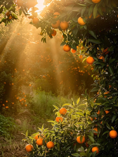Scena illuminata dal sole con vista sulla piantagione di mandarini con molti mandarini di colore brillante e ricco
