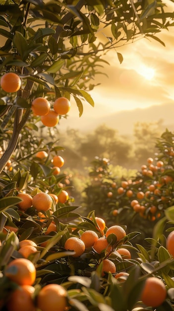 Scena illuminata dal sole con vista sulla piantagione di mandarini con molti mandarini di colore brillante e ricco