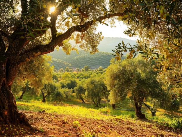 Scena illuminata dal sole con vista sulla piantagione di olive con molte olive di colore brillante e ricco