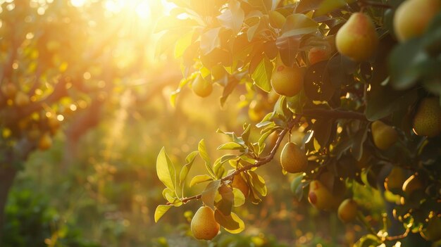 Scena illuminata dal sole con vista sulla piantagione di pere con molte pere di colore brillante e ricco