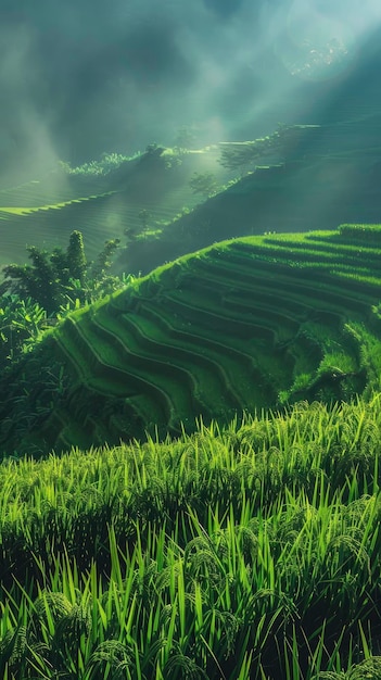 Scena illuminata dal sole con vista sulla piantagione di riso del Vietnam colore brillante ricco foto professionale ar 916 v 6 lavoro