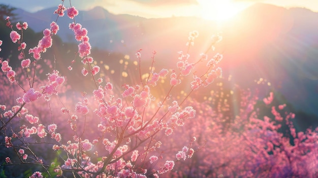 Scena illuminata dal sole con vista sulla piantagione di sakura con molti fiori di colori ricchi e luminosi